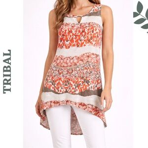 Tribal High Low Sleeveless Tunic Top Orange Grey Size Small